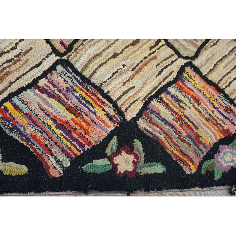 Ivory Cream Color Antique American Geometric Folk Art Trellis Lattice Design Hooked Rug