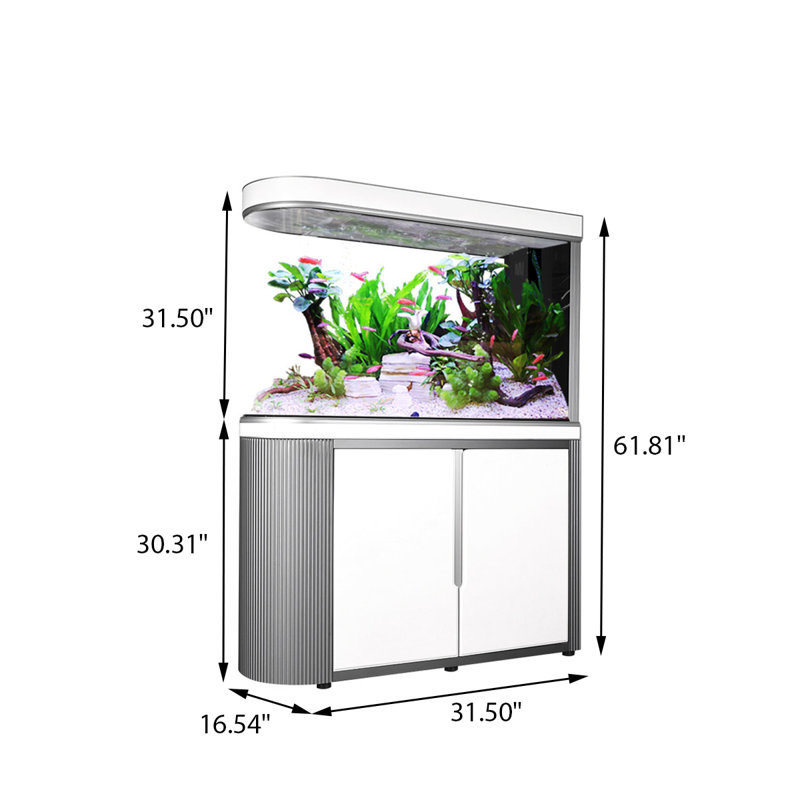 Grand écran de séparation en verre avec base blanche et aquarium filtrant l'eau, 61.81" H x 31.5" W x 16.54" D