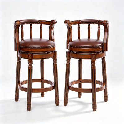 Genuine Leather Upholstered Wood Counter Height Bar Stool, Brown, Set of 2