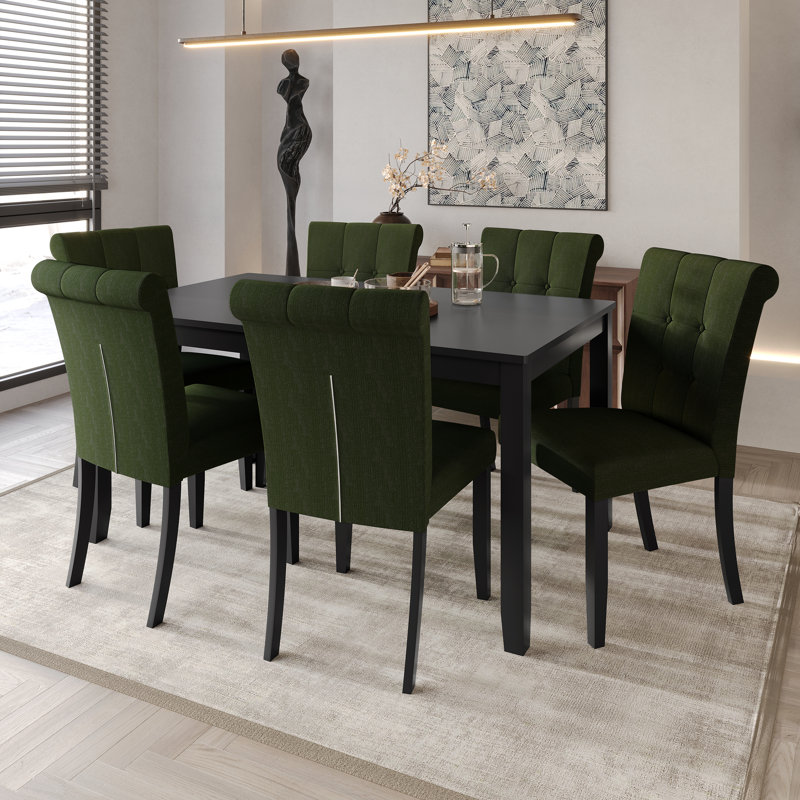 Danina Dining Set With Upholstered Chairs And 59" Rectangular Table, 7 Pieces: Table, 6 Chairs, Green