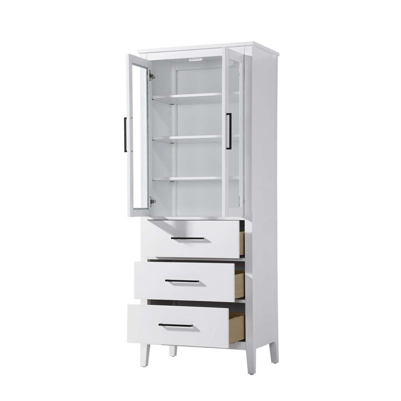 28 Inch Bath Storage Glass Cabinet in White, 72" H x 28" W x 72" D, White