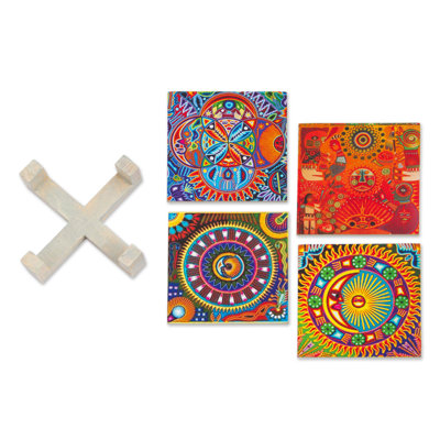 Wood Square 1 Piece Coaster Set With Holder