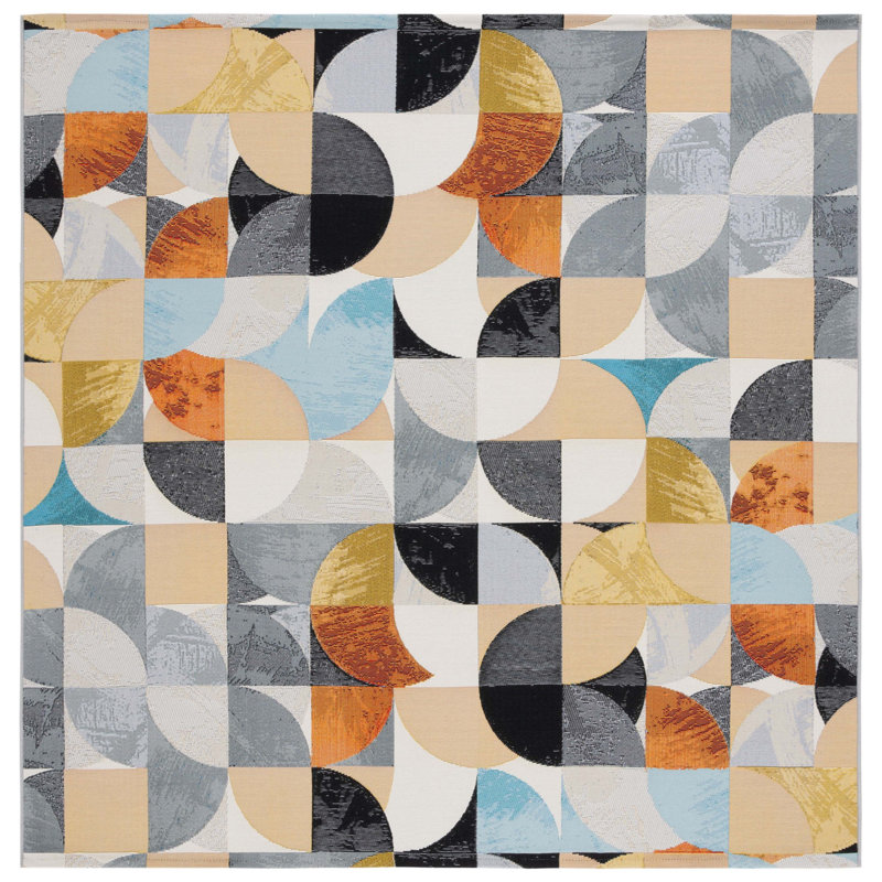 Binti Abstract Machine Woven Polypropylene Indoor / Outdoor Area Indoor/Outdoor Area Rug in Ivory/Black/Blue, Square 6'6"