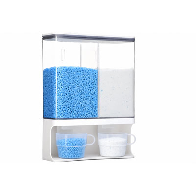 Wall Mounted Rice & Grain Dispenser with 2 Compartments – Transparent Dry Food Storage Container, Press to Dispense, Removable Divider for Rice, Beans, Pet Food & Laundry Beads (Includes 2 Cups)