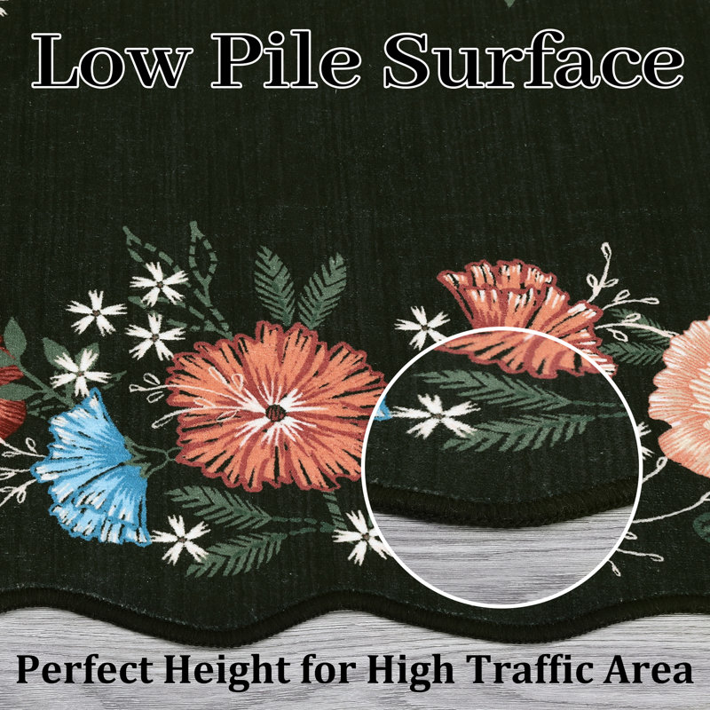 2x6 Runner Rug for Hallways Machine Washable Modern Floral Rug Non Slip Low Pile No Shedding Easy Clean Bedside Accent Carpet Indoor Stain Resistant Flower Carpet for Kitchen Entryways Black