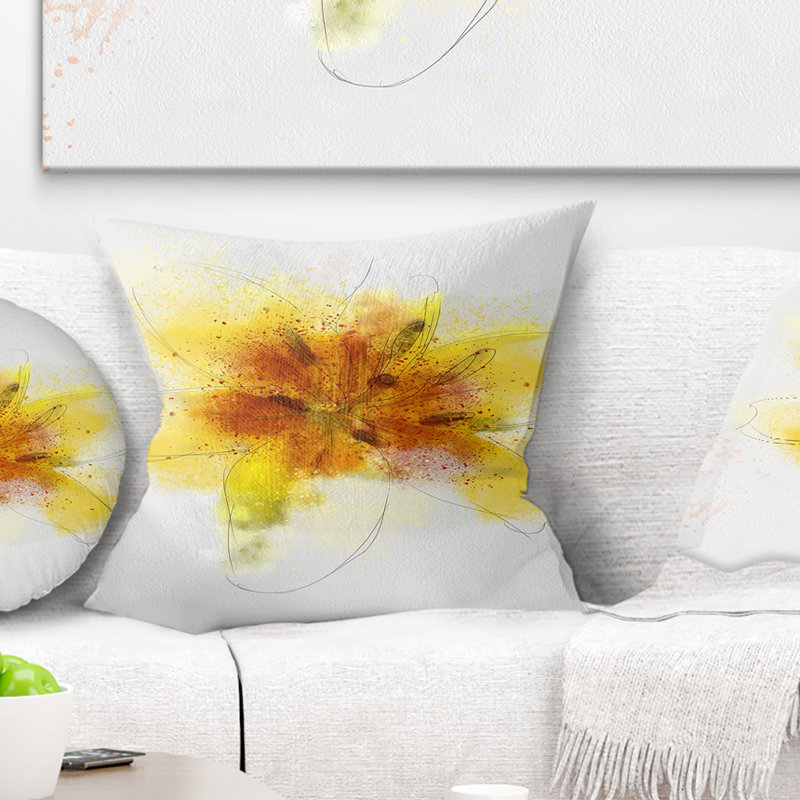 Croquis de fleur jaune sur fond blanc - coussin à imprimé floral, 16 po x 1 po, Coussin décoratif