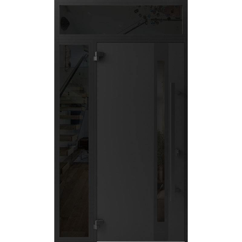 Façade avant en acier pré-suspendue / teck Ronex 1033 / fenêtre extérieure latérale et supérieure en métal / entrée en métal peint moderne l 36 + 14 po x H 80 + 16 po à droite