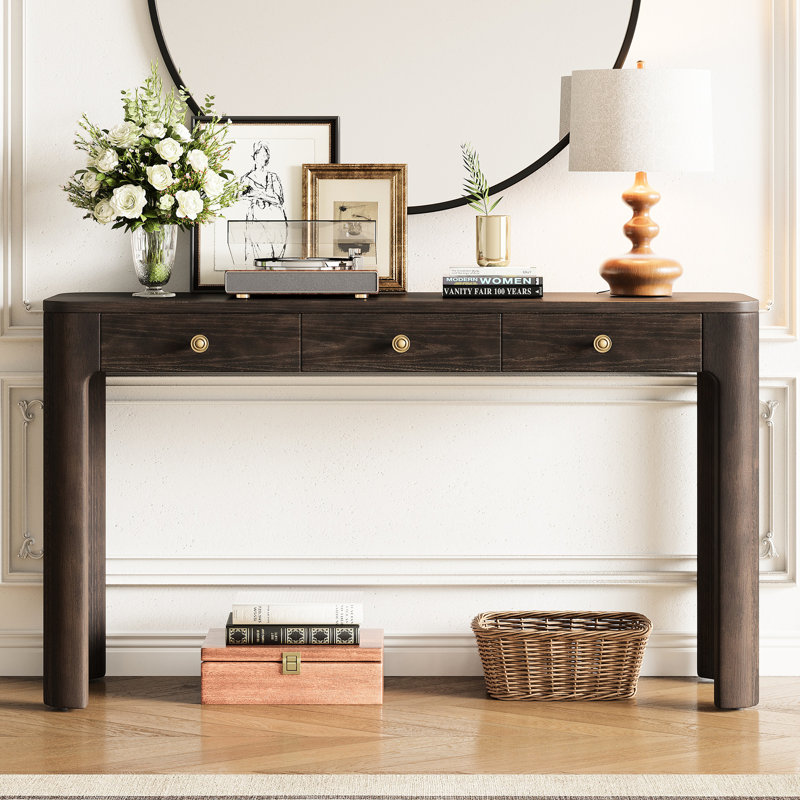 Console rustique colorée, coins arrondis, 3 tiroirs de rangement pratiques, structure robuste, style rétro pour entrée, couloir ou salon, plateau supportant 68 kg, grand tiroir de 63,5 cm, petit tiroir de 51 cm.