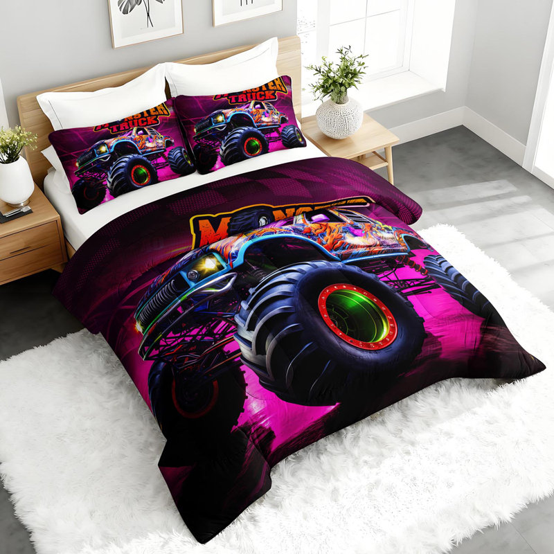 Ensemble d'édredon Monster Truck, ensemble de literie pour garçon avec 2 taies d'oreiller, literie douce et lavable à la machine, édredon toutes saisons pour le décor