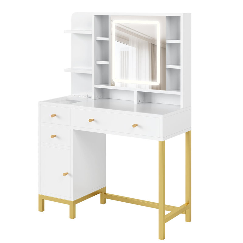 Table de coiffeuse blanche avec miroir éclairé et prise de courant, 3 modes d'éclairage, coiffeuse à luminosité réglable avec 3 tiroirs, 8 tablettes, 1 meuble-lavabo pour maquillage