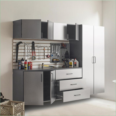 Cabinets, 6-Piece Garage Set with Charcoal Grey | 96W x 79H x 20D | Contemporary | Wood