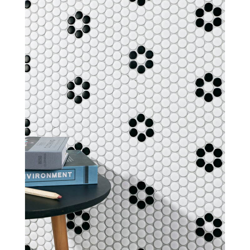 Carreau de mosaïque rond 0,8 po, White with Black Flower