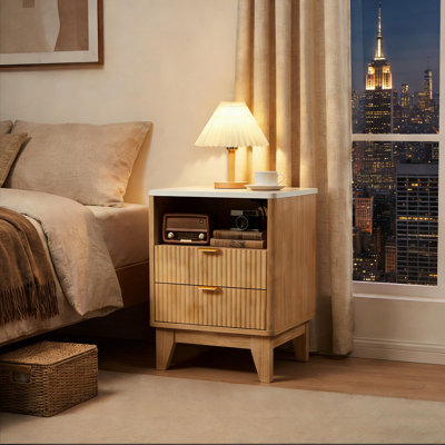 24" Yellow Modern Nightstand with Built-In Charging Station 2-Drawer Bedside Table with Faux Marble Top Curved Oak Wood Grain Design for Bedroom & Living Room
