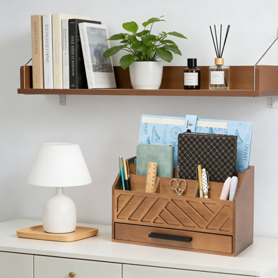 Organisateur de bureau moderne en bois avec tiroir, support de courrier et de dossiers à compartiments multiples pour fournitures de bureau, espace de travail et organisation de bureau