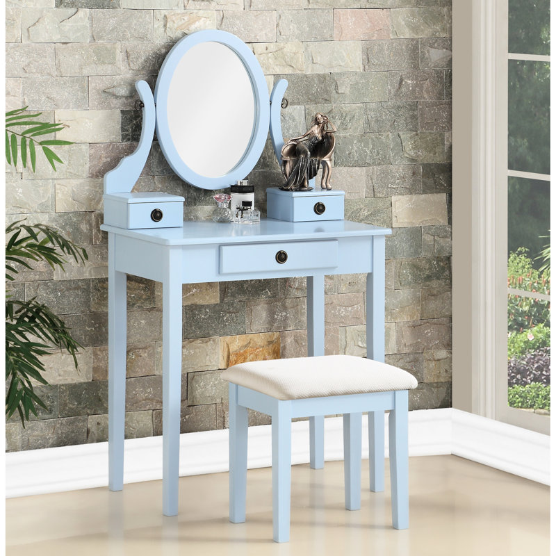 Blue Vanity Table And Stool - 3 Storage Drawers, Adjustable Mirror, Wood Makeup Table, Drawer Storage, Oval Wooden, Blue