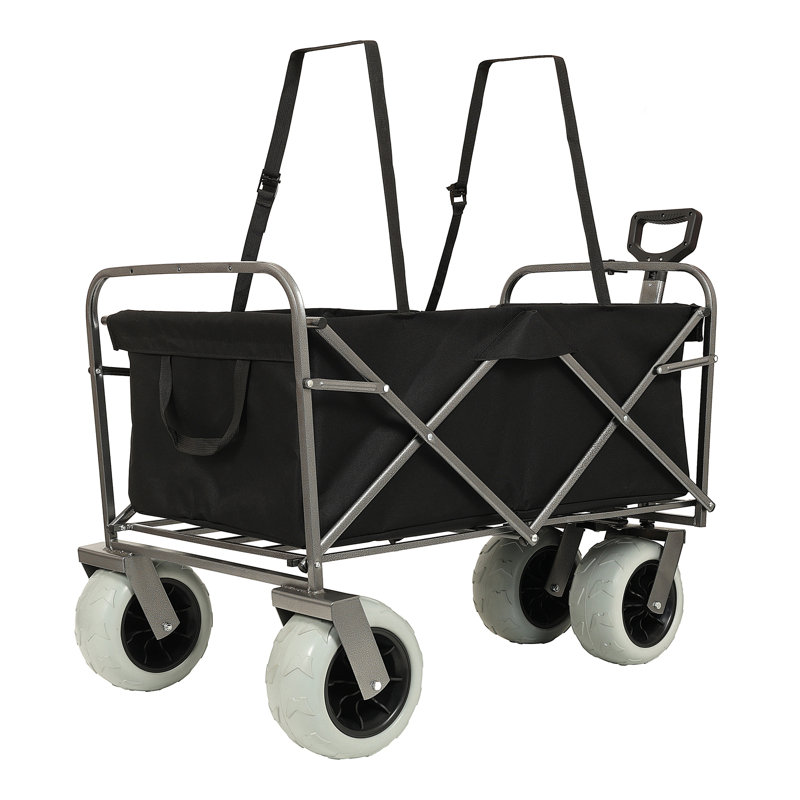 Chariot de plage avec de grandes roues pour le sable capacité de 500 lb - Chariot tout terrain à structure en acier avec pneus pneumatiques de 9 po, conception pliable pliable, sangle avec sac multiusage
