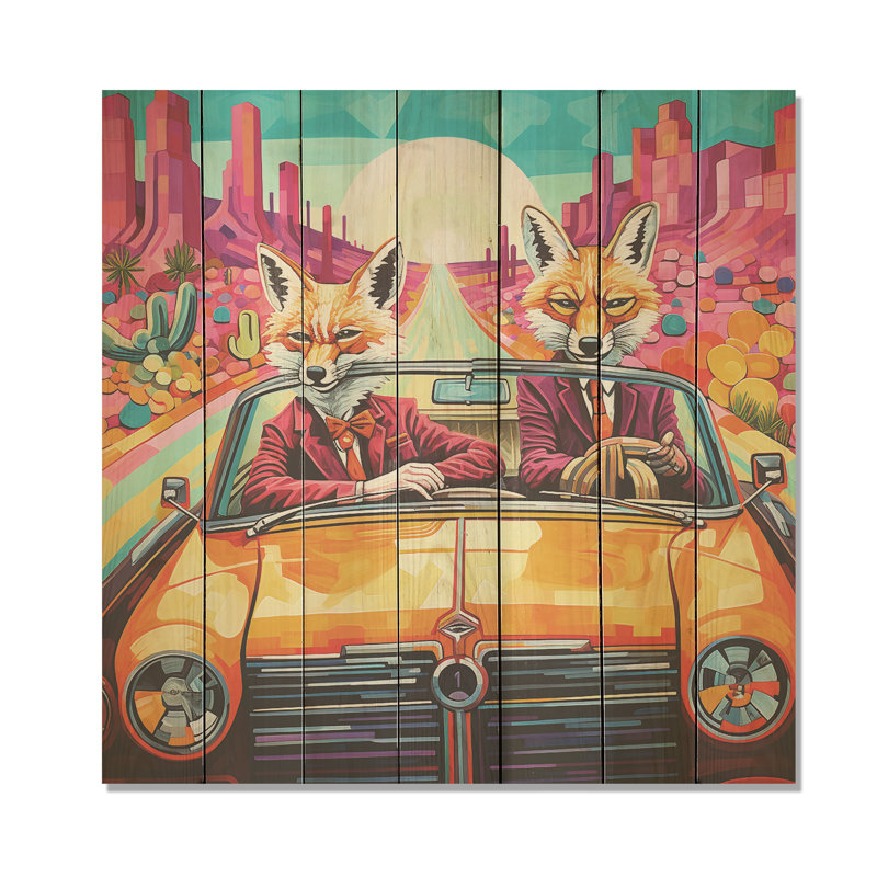 Renards aventureux au volant II - Animal renard sur bois, H 25 po x l 25 po