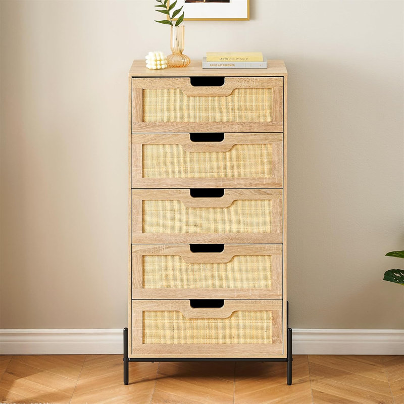 Modern Dresser, 5-Drawer Tall Storage Unit For Bedroom, Living Room, Hallway, And Office, Ivory