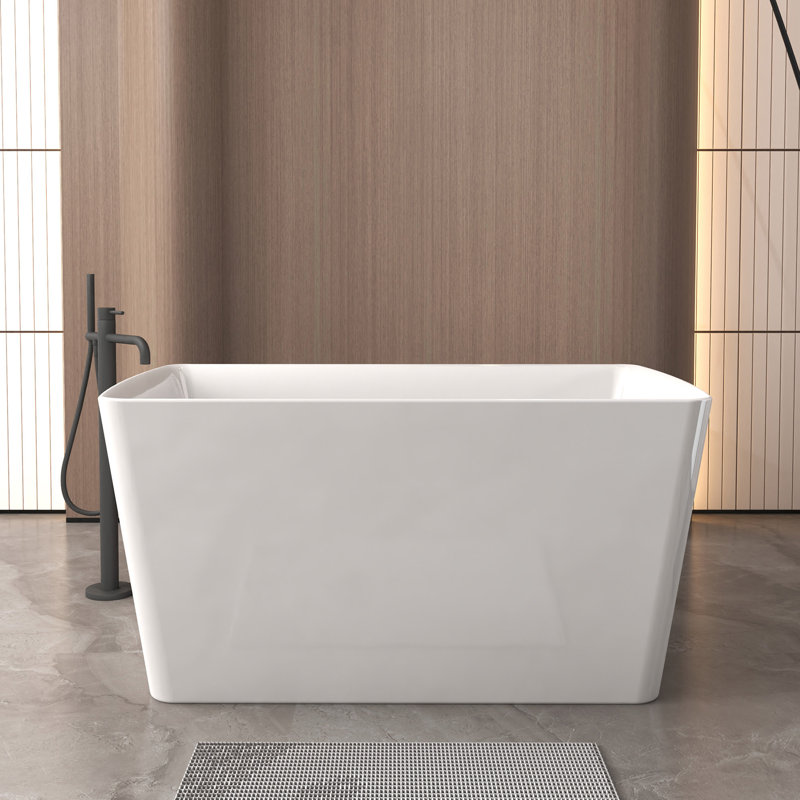 Baignoire autoportante de 47 po en acrylique avec siège: forme rectangulaire spacieuse, finition blanc brillant, trop-plein invisible et bonde escamotable chromée