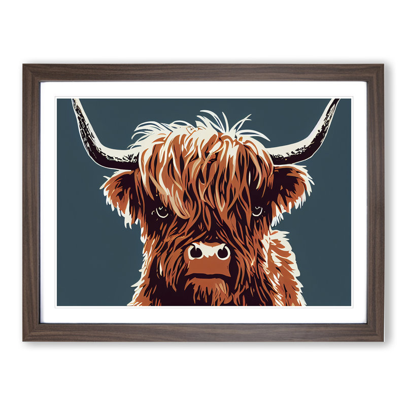 Groovy Highland Cow - Single Picture Frame Print, 34cm H x 46cm W x 2cm D, Walnut Framed