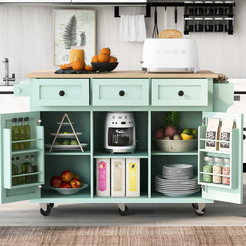 Mint Kitchen Island With Construction And Style Rubberwood Countertop Drop, 5 Wheels, 3 Drawers, Adjustable Shelf In Hint