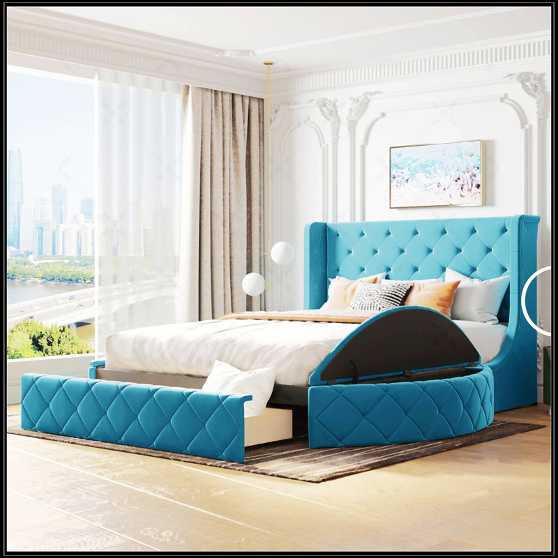 Lit plateforme tapissier grand avec rangement en velours avec tête de lit à oreilles et 1 grand tiroir, Bleu