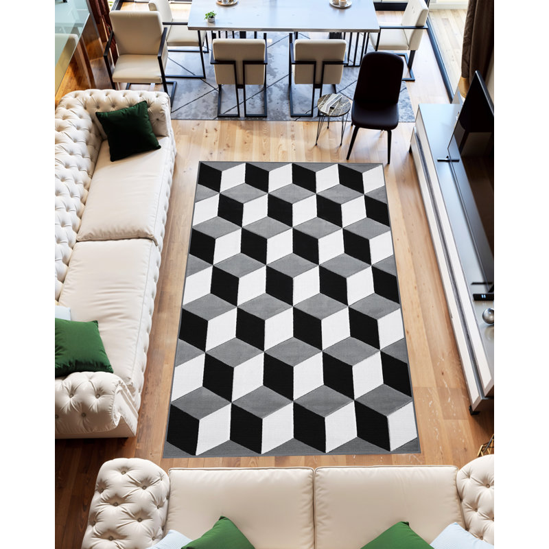 Tapis noir / gris à motif géométrique Mccampbell, Rectangle 5 pi x 8 pi