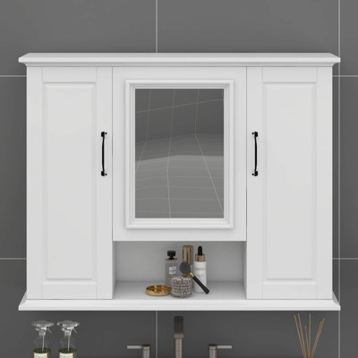 Armoire de rangement murale 36 po, armoire à pharmacie murale avec tablettes ouvertes, armoire à miroir avec 3 portes