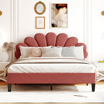 Gorgeous Queen Size Upholstered Platform Bed With Red Bean Paste Flower Pattern Velvet Headboard Sublime In Shade