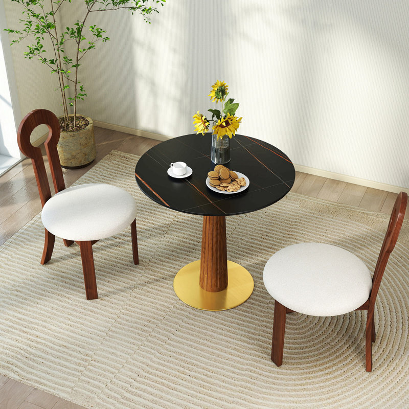Table de salle à manger ronde moderne, table en pierre frittée de 33,5 po avec pieds en bois et base dorée, table de cuisine pour 2 personnes pour un petit espace, capacité de poids de 150 lb (seulement la table de Négociation)