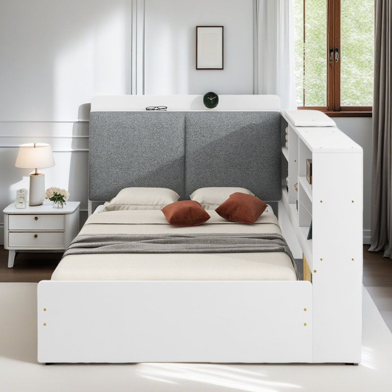 Platform Bed With Upholstered And Storage Headboard, Rotatable Board, Storage Shelves And 2 Drawers, White