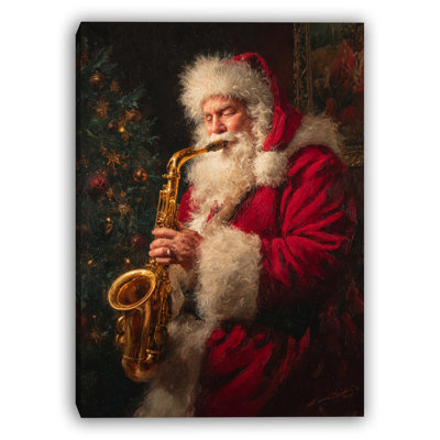 Père Noël jouant du saxophone à côté d'un arbre, art mural sur toile
