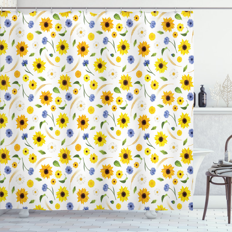 East Urban Home Yellow White Shower Curtain Botanic Pattern Multicolor, 70"H x 69"W
