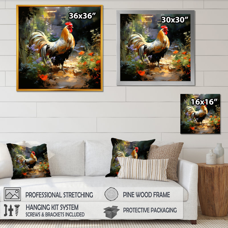 Art mural coq rétro à la ferme, Cadre simple noir, H 36 po x l 36 po x P 1,5 po