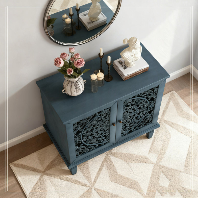 Buffet de rangement à 2 portes, tablette réglable et pieds en bois massif, Bleu antique