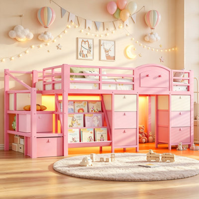 Kids Low Loft Bed with 9 Storage Drawers and 3 Tiers Bookshelf Reading Nook LED Under-bed Play House