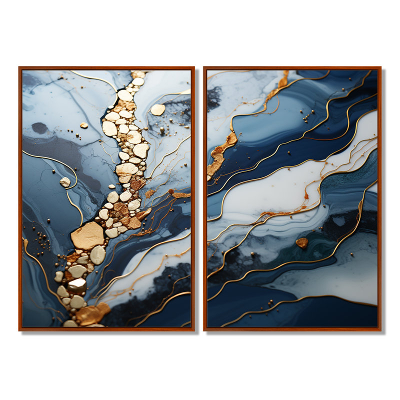 Bleu et or rivière de marbre II - décoration murale moderne, Brun, H 36 po x l 48 po, Impression encadrée flottante