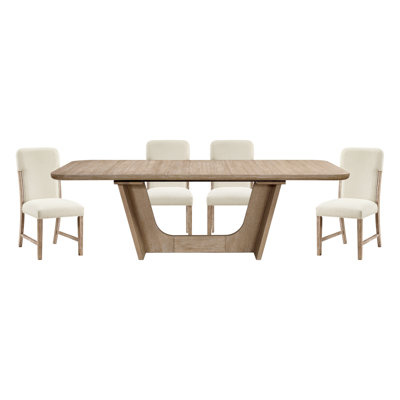Natural Finish Dining Set 5pc Extendable Table Upholstered Chairs Modern Farmhou | Wood Extendable