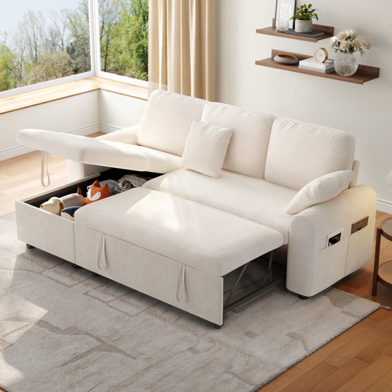 85" Wide Fabric Sectional Sleeper Sofa Pull Out Couch Bed With Storage Chaise For Living Room