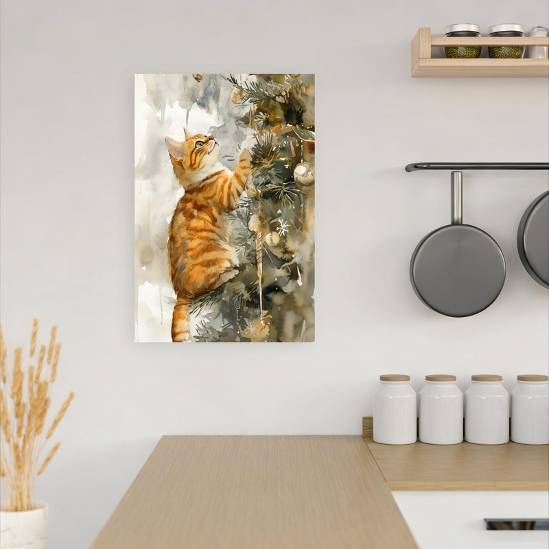 «Curious Christmas Kitten Playful Abstract Contemporary Christmas Tree Pine Tree Winter Landscape Art mural»