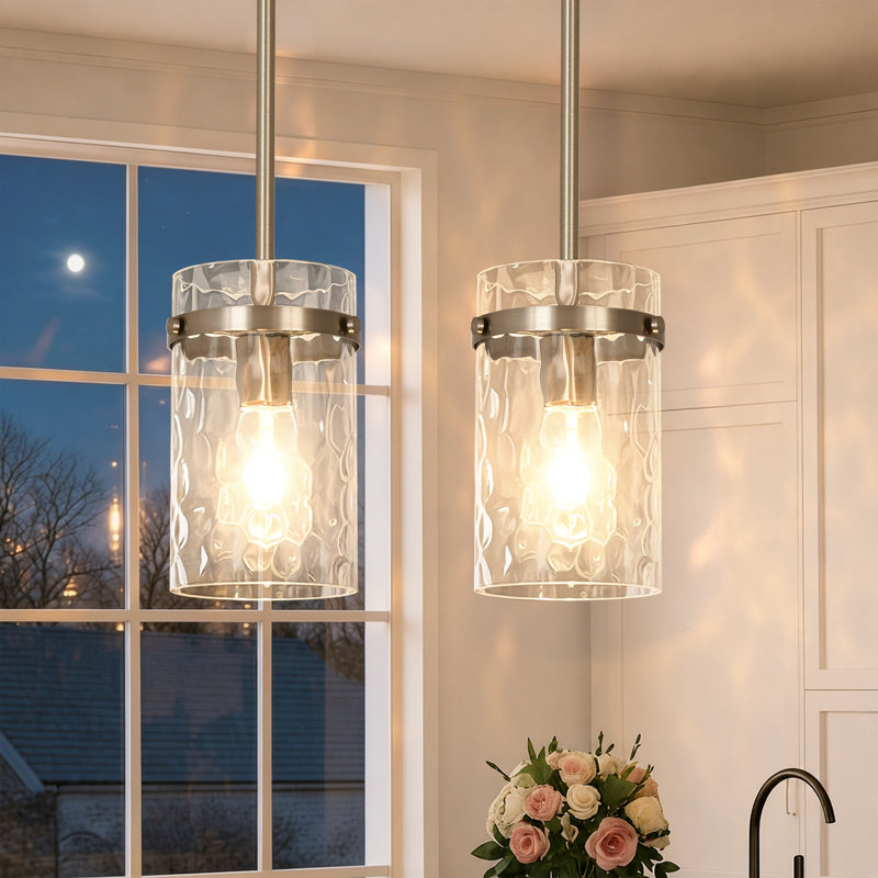 Levona 1 - Light Large Kitchen Island Pendant With Clear Hammered Glass Shade(Set Of 2), Nickel