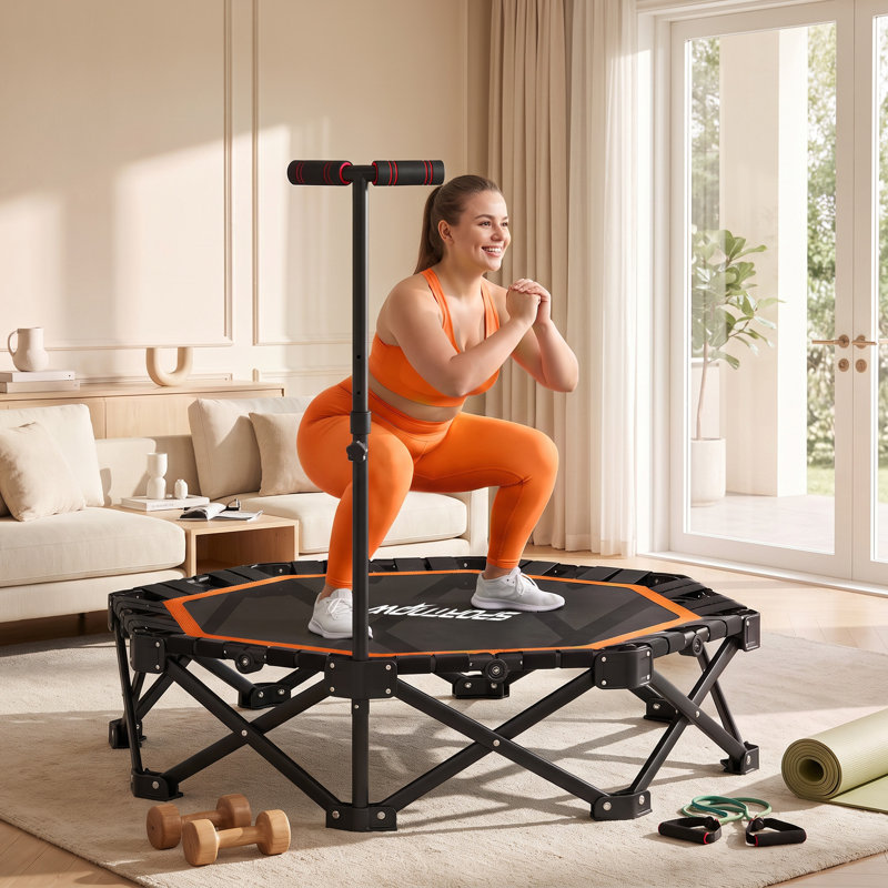 42" Foldable Mini Trampoline, One-Step Fold & Open, 550LBS Capacity, 3-Level Adjustable Handle, Bungee Rebounder Fitness Trampoline, Orange