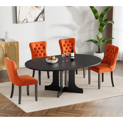 43.31" -59.06" Extendable Round Dining Table Set, Black Dining Room Table & Velvet Dining Chairs with , Rustic Kitchen Dining Table and Chairs Set, Mo