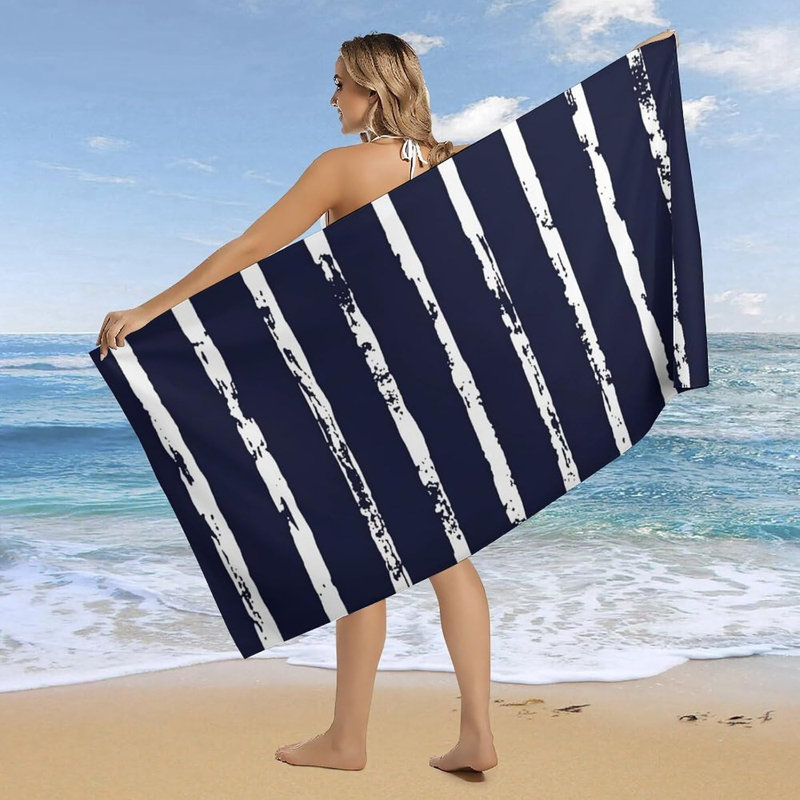 Grande serviette de plage rayée bleu marine et blanche 30 po x 63 po, serviettes de bain surdimensionnées sans sable pour adultes pour la piscine