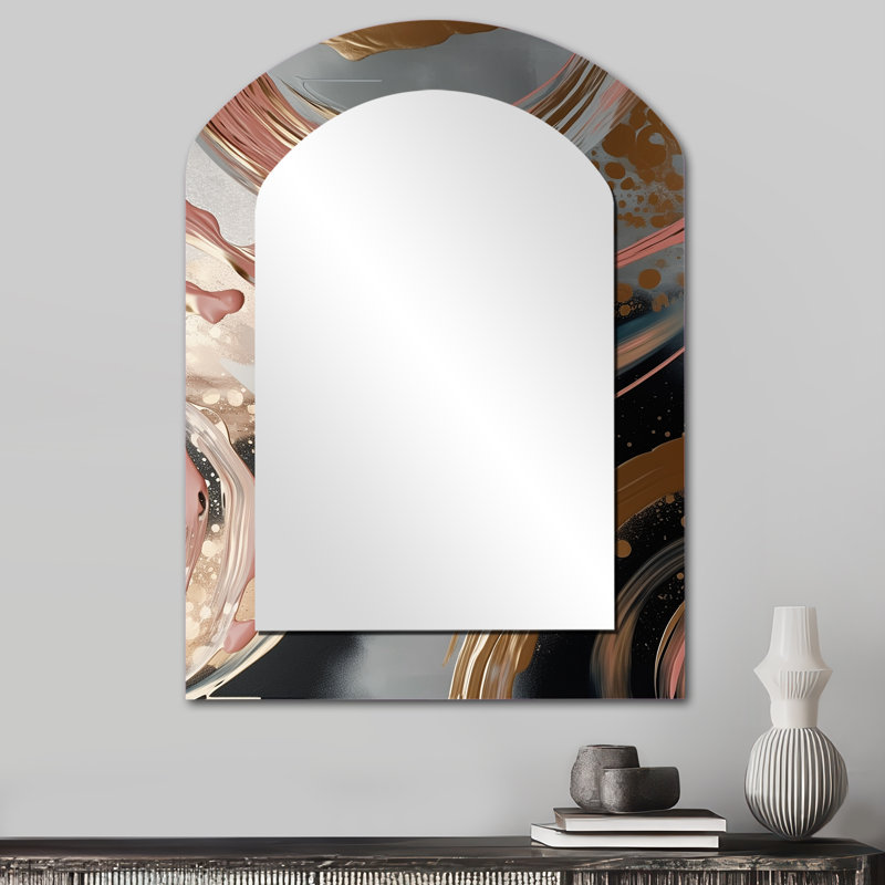 Abstract Gold and pink Liquid ink circles II - Abstract Shapes Arch Unique Wall Mirror, Modern Asymmetrical Mirror, Printed Metal Art