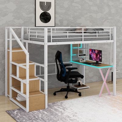 Metal Loft Bed With Built-In Work Station, Wardrobe, Storage Staircase And LED