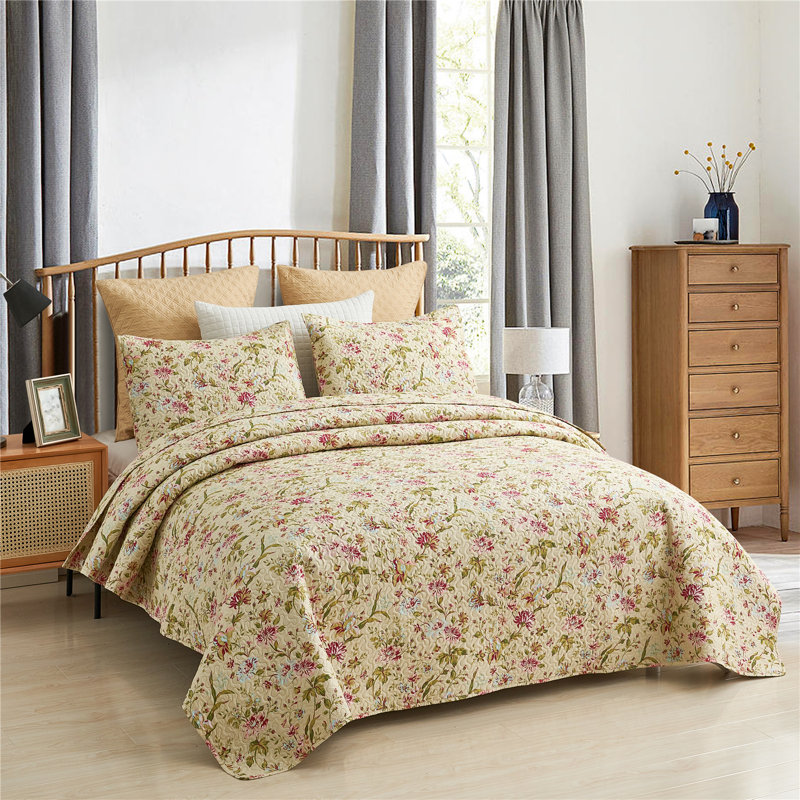 Ensemble de courtepointe réversible 3 pièces QSM04210203 Beige / Rose / Vert, Courtepointe grand + 2 taies d'oreiller