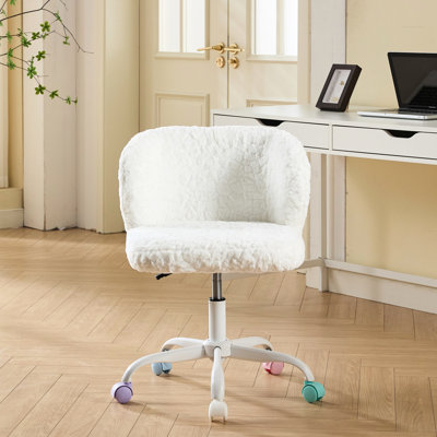 Fauteuil en poils de lapin artificiels, hauteur réglable, base en métal, assise confortable et ergonomique, assise large, ne perd pas ses poils, roulettes blanches colorées stables pour chambre à coucher, revêtement en tissu, assise profonde
