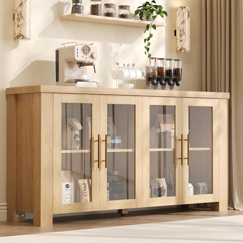 Buffet avec rangement, bahut avec portes en verre trempé, Jaune