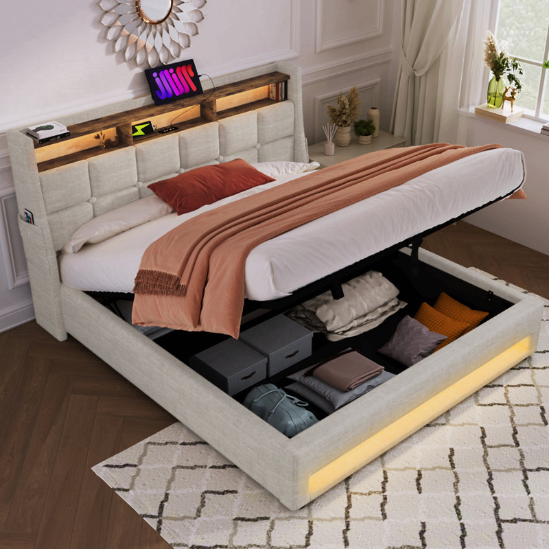 Lit plateforme tapissier double avec système de rangement hydraulique, chargement DEL et USB (sans matelas), Naturel